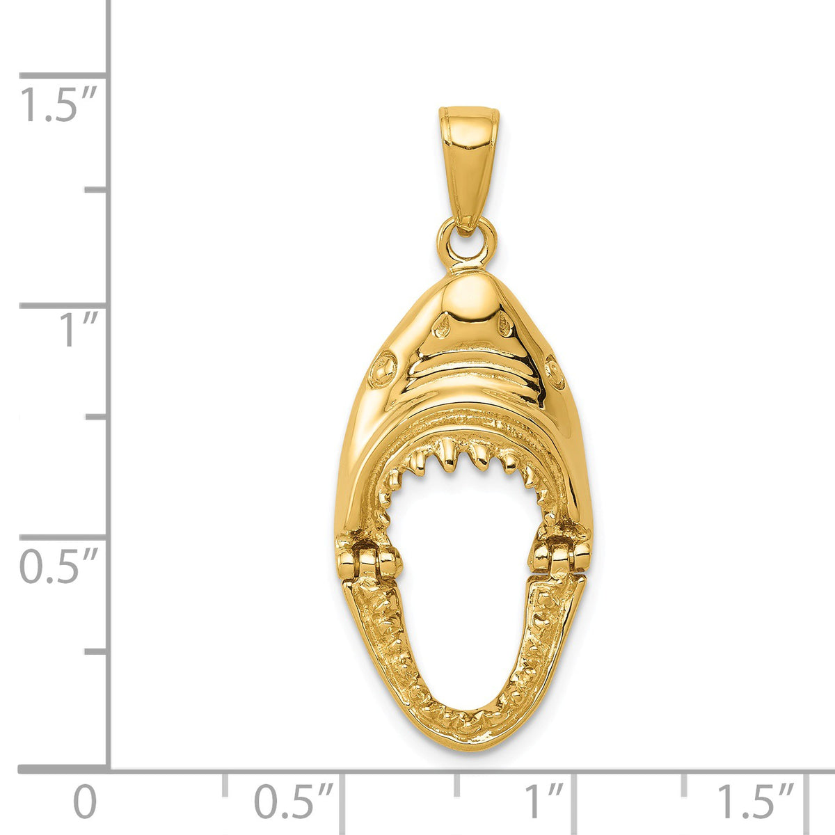 Alternate view of the 14k Yellow Gold Moveable 2D Hinged Jaws Shark Head Pendant, 15 x 25mm by The Black Bow Jewelry Co.