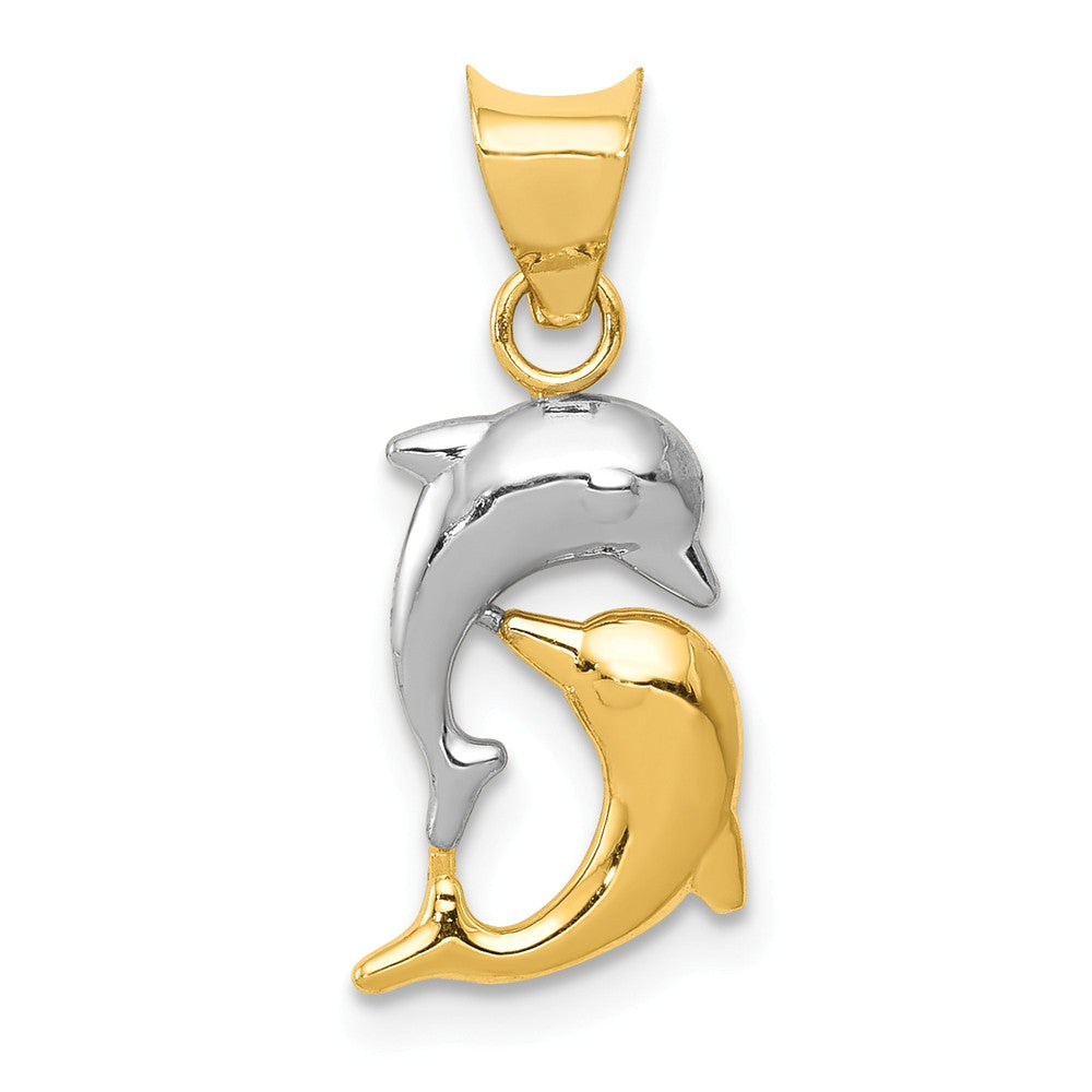 14k Yellow Gold and White Rhodium Double Dolphin Pendant, 8 x 20mm, Item P26873 by The Black Bow Jewelry Co.