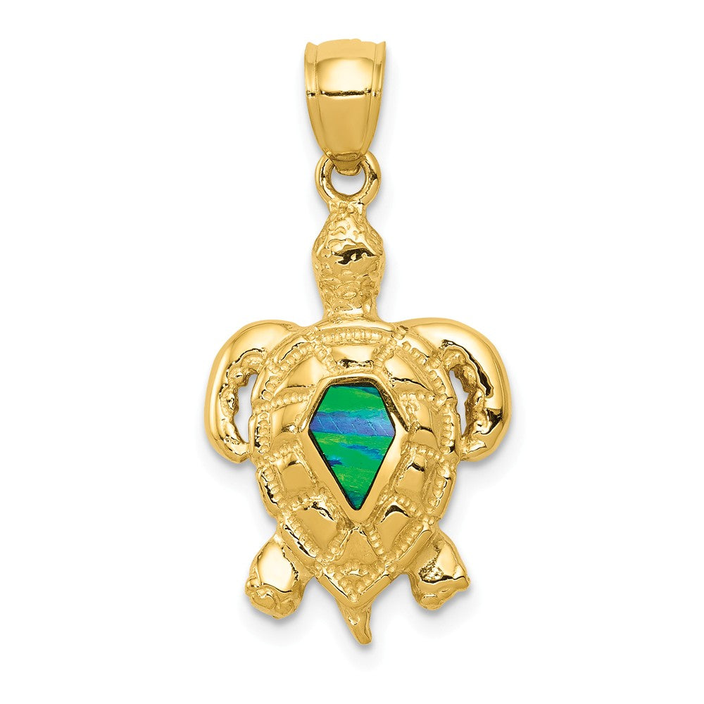 14k Yellow Gold &amp; Synthetic Blue Opal Turtle Pendant, 15mm (9/16 Inch), Item P26878 by The Black Bow Jewelry Co.