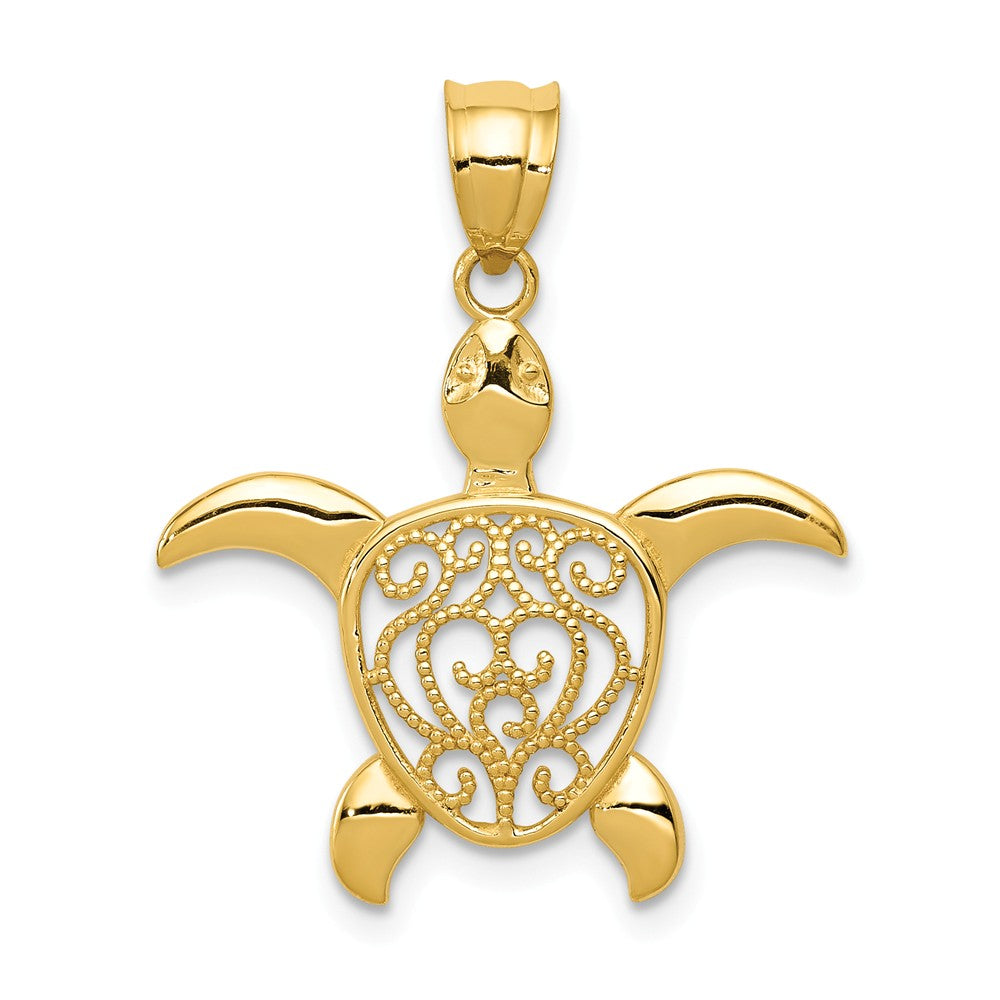 14k Yellow Gold Filigree Sea Turtle Pendant, 22mm (7/8 Inch), Item P26879 by The Black Bow Jewelry Co.