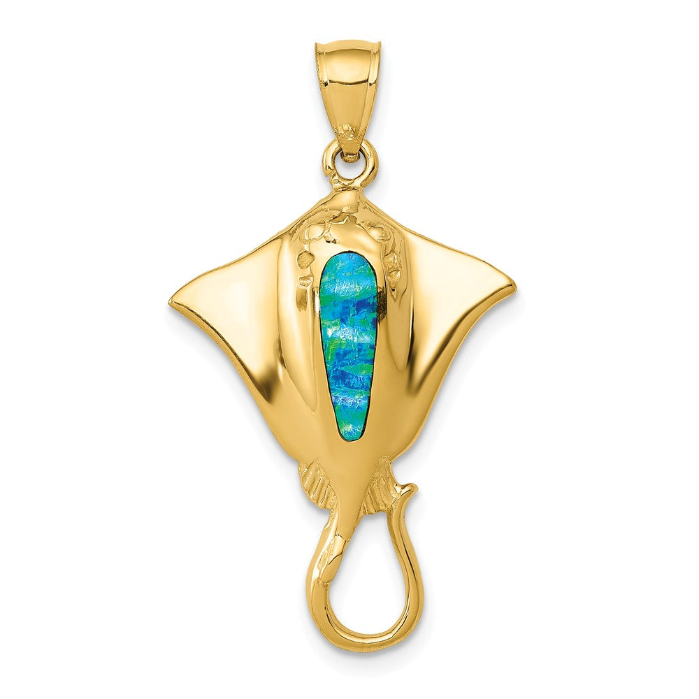 14k Yellow Gold &amp; Synthetic Blue Opal Textured Pendant, 20 x 33mm, Item P26883 by The Black Bow Jewelry Co.