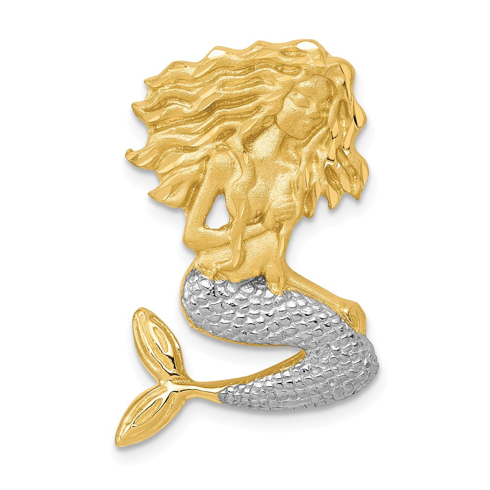 14k Yellow Gold and White Rhodium Mermaid Slide Pendant, 19 x 27mm, Item P26885 by The Black Bow Jewelry Co.