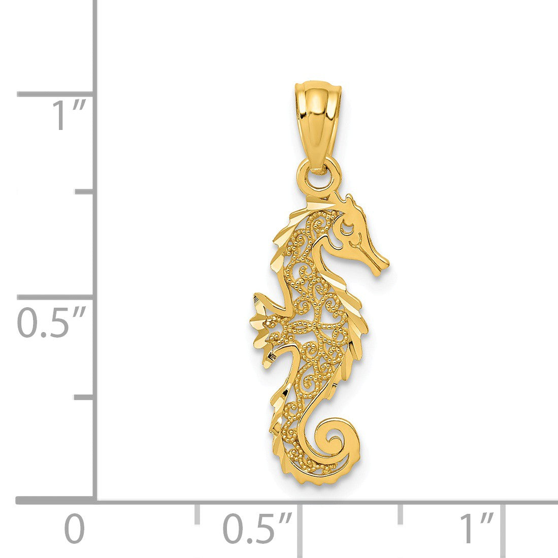 Alternate view of the 14k Yellow Gold Small Filigree Seahorse Pendant, 8 x 24mm by The Black Bow Jewelry Co.