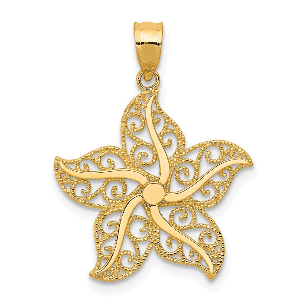 14k Yellow Gold Flat Filigree Starfish Pendant, 19mm (3/4 Inch), Item P26898 by The Black Bow Jewelry Co.