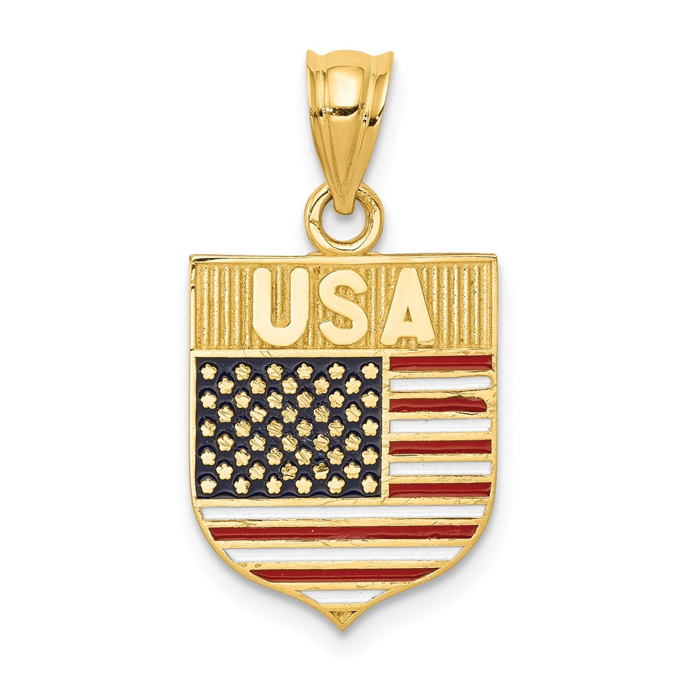 14k Yellow Gold and Enameled USA Flag Shield Pendant, 14 x 24mm, Item P26943 by The Black Bow Jewelry Co.