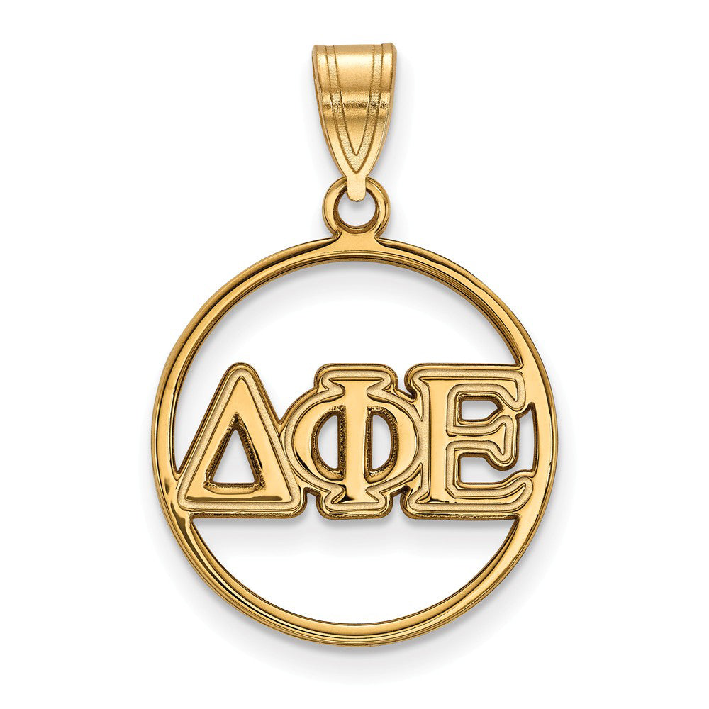14K Plated Silver Delta Phi Epsilon Med Circle Greek Letters Pendant, Item P27043 by The Black Bow Jewelry Co.