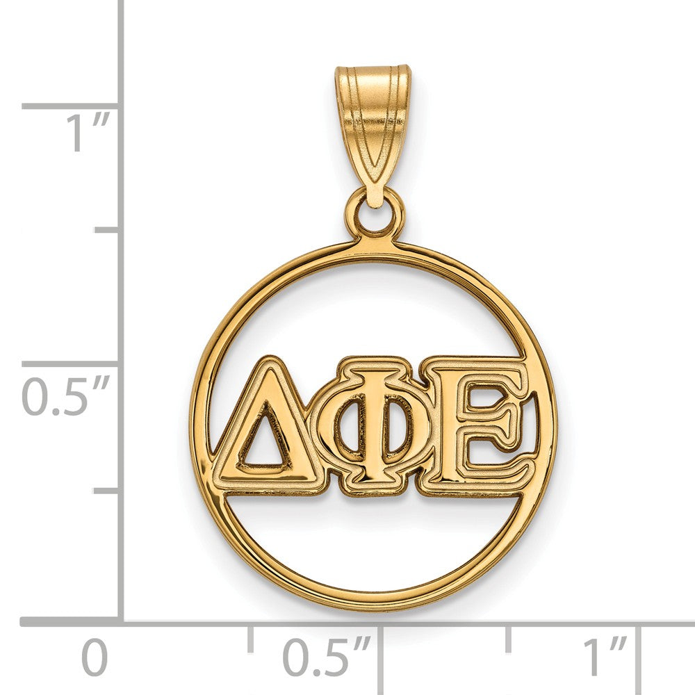 Alternate view of the 14K Plated Silver Delta Phi Epsilon Med Circle Greek Letters Pendant by The Black Bow Jewelry Co.