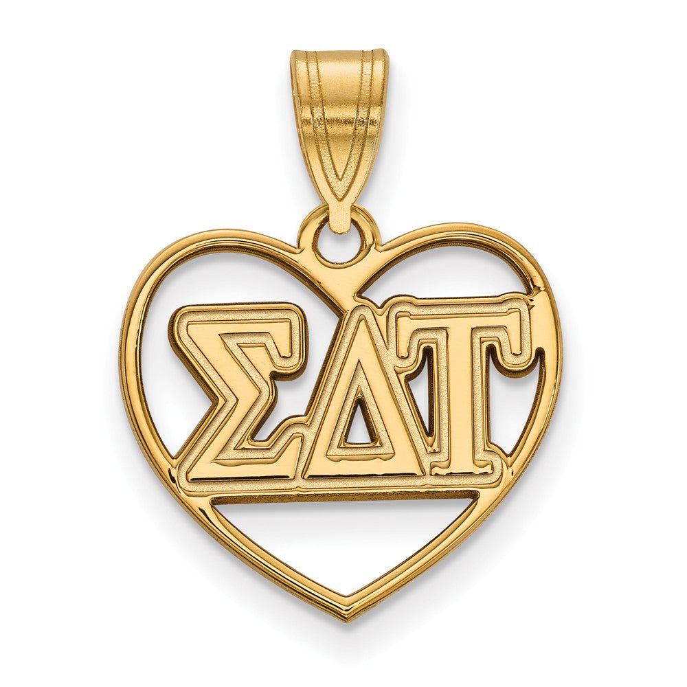 14K Plated Silver Sigma Delta Tau Heart Greek Letters Pendant, Item P27111 by The Black Bow Jewelry Co.