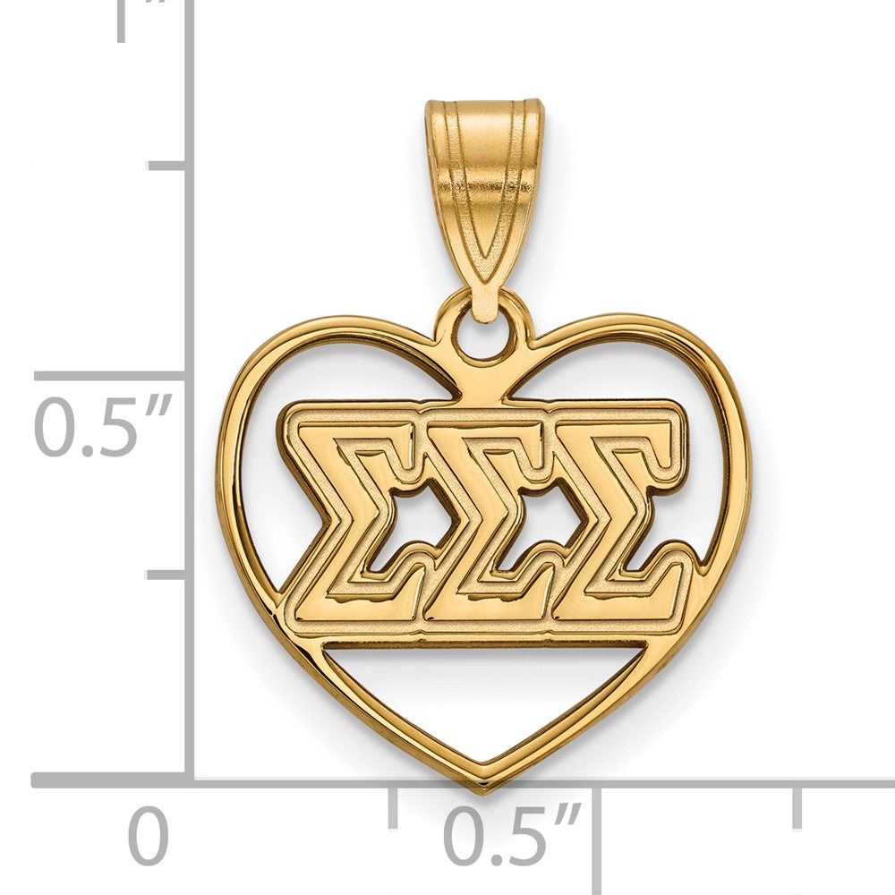Alternate view of the 14K Plated Silver Sigma Sigma Sigma Heart Greek Letters Pendant by The Black Bow Jewelry Co.