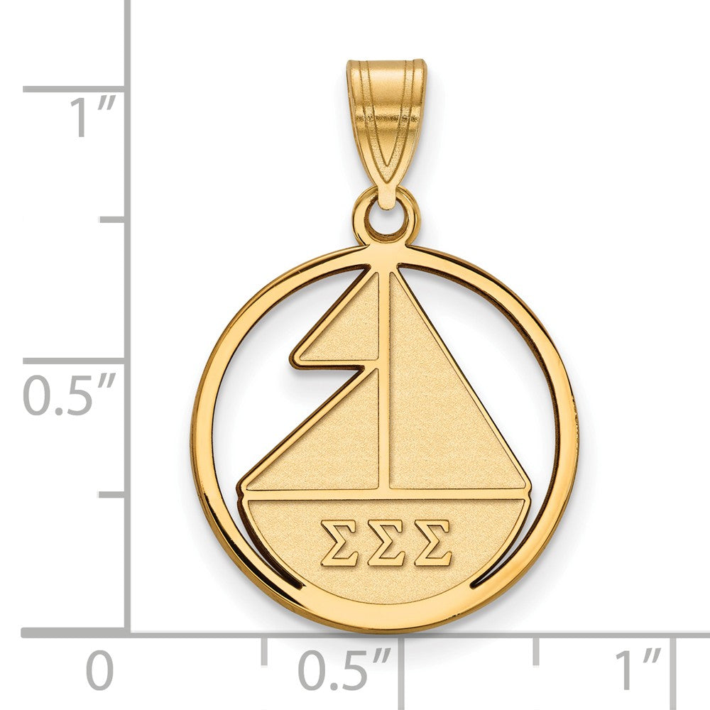 Alternate view of the 14K Plated Silver Sigma Sigma Sigma Medium Circle Pendant by The Black Bow Jewelry Co.