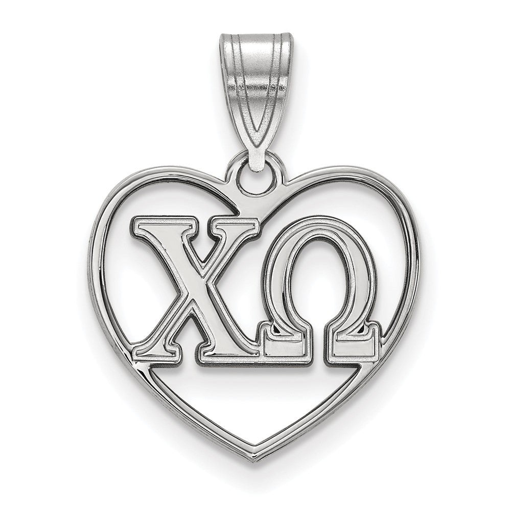 Sterling Silver Chi Omega Heart Greek Letters Pendant, Item P27318 by The Black Bow Jewelry Co.