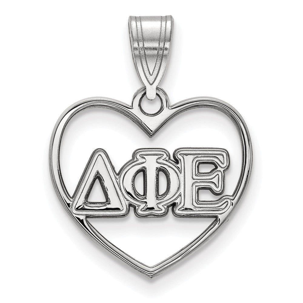 Sterling Silver Delta Phi Epsilon Heart Greek Letters Pendant, Item P27348 by The Black Bow Jewelry Co.