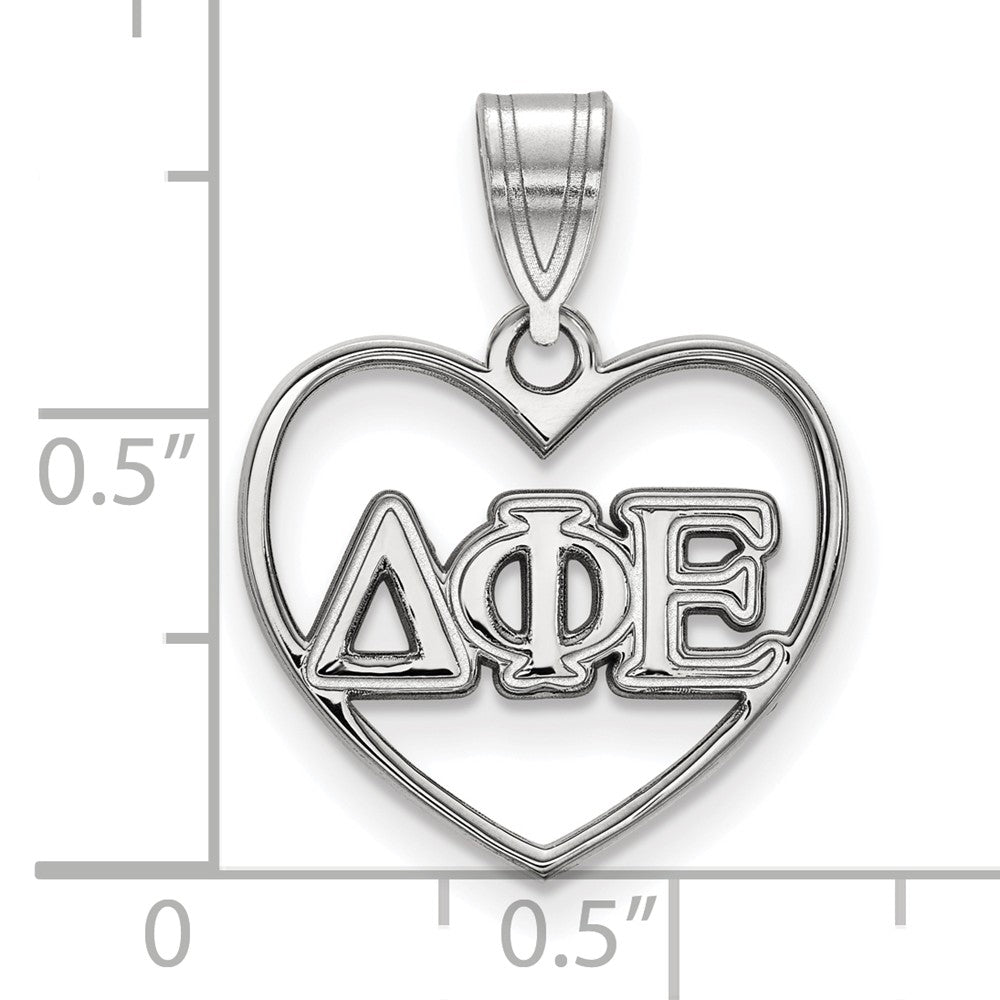 Alternate view of the Sterling Silver Delta Phi Epsilon Heart Greek Letters Pendant by The Black Bow Jewelry Co.