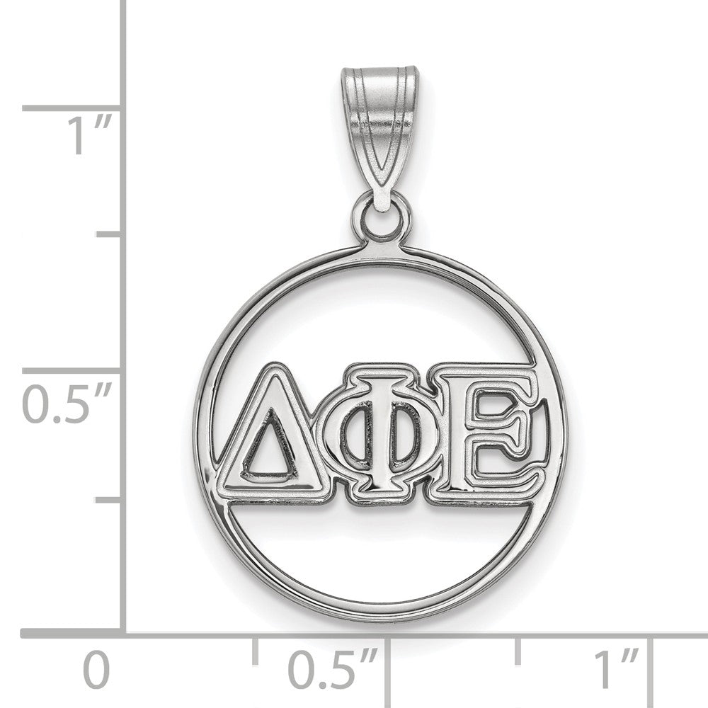 Alternate view of the Sterling Silver Delta Phi Epsilon Medium Circle Greek Letters Pendant by The Black Bow Jewelry Co.