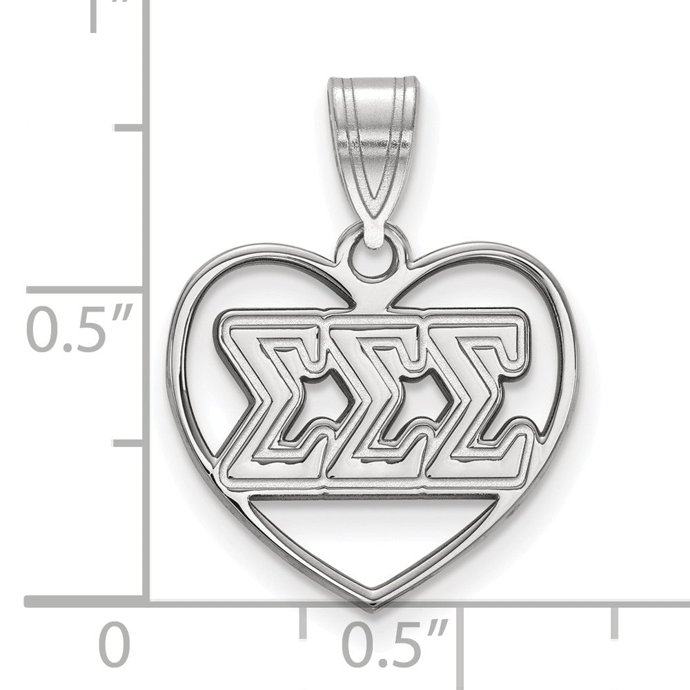 Alternate view of the Sterling Silver Sigma Sigma Sigma Heart Greek Letters Pendant by The Black Bow Jewelry Co.