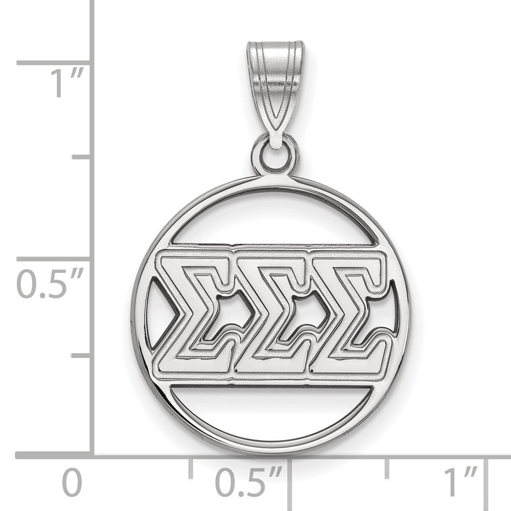 Alternate view of the Sterling Silver Sigma Sigma Sigma Medium Circle Greek Letters Pendant by The Black Bow Jewelry Co.
