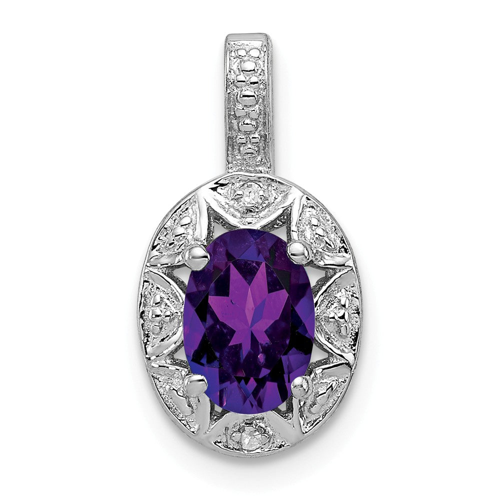 Rhodium Plated Sterling Silver, Amethyst &amp; Diamond Pendant, 8x16mm, Item P27486-AM by The Black Bow Jewelry Co.