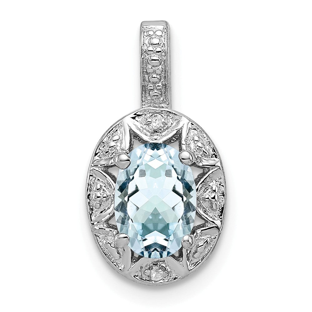 Rhodium Plated Sterling Silver, Aquamarine &amp; Diamond Pendant, 8x16mm, Item P27486-AQ by The Black Bow Jewelry Co.