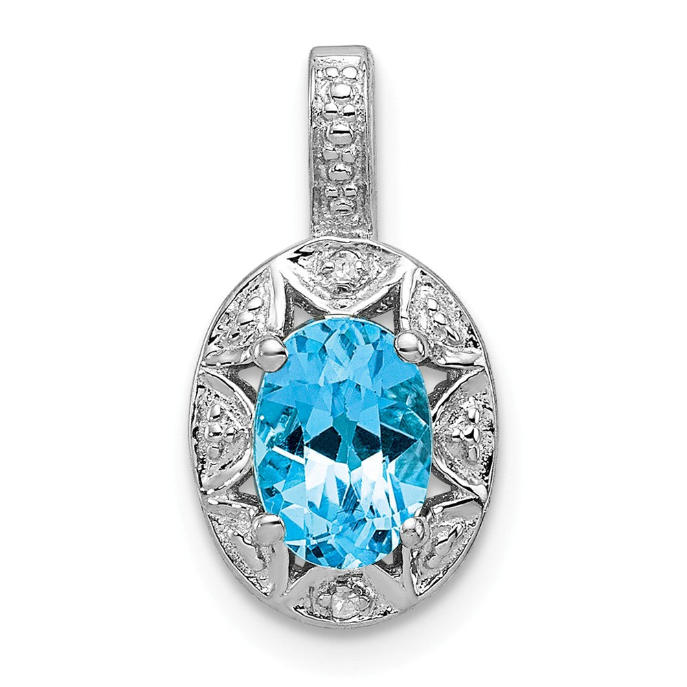 Rhodium Plated Sterling Silver, Blue Topaz &amp; Diamond Pendant, 8x16mm, Item P27486-BT by The Black Bow Jewelry Co.