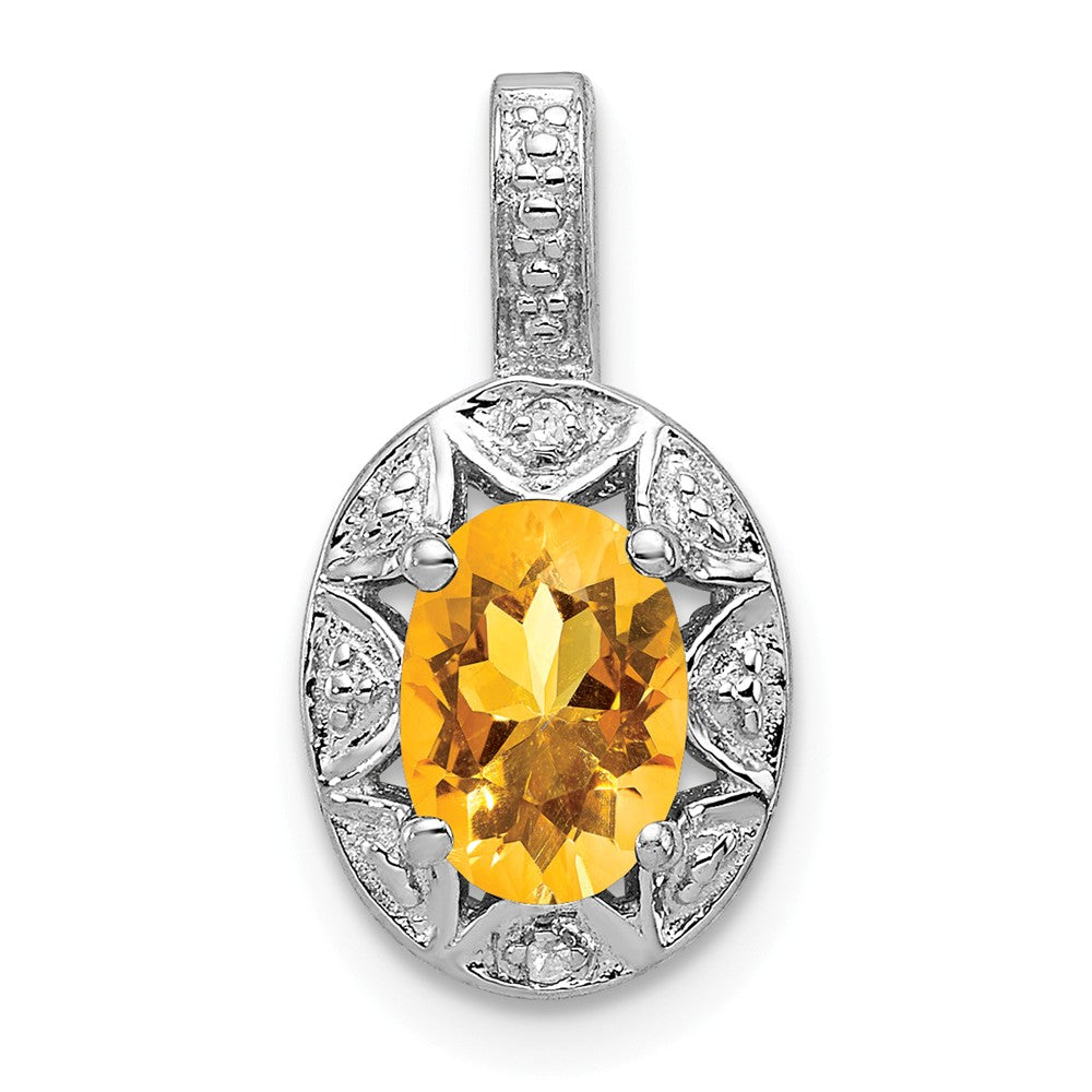 Rhodium Plated Sterling Silver, Citrine &amp; Diamond Pendant, 8x16mm, Item P27486-CT by The Black Bow Jewelry Co.