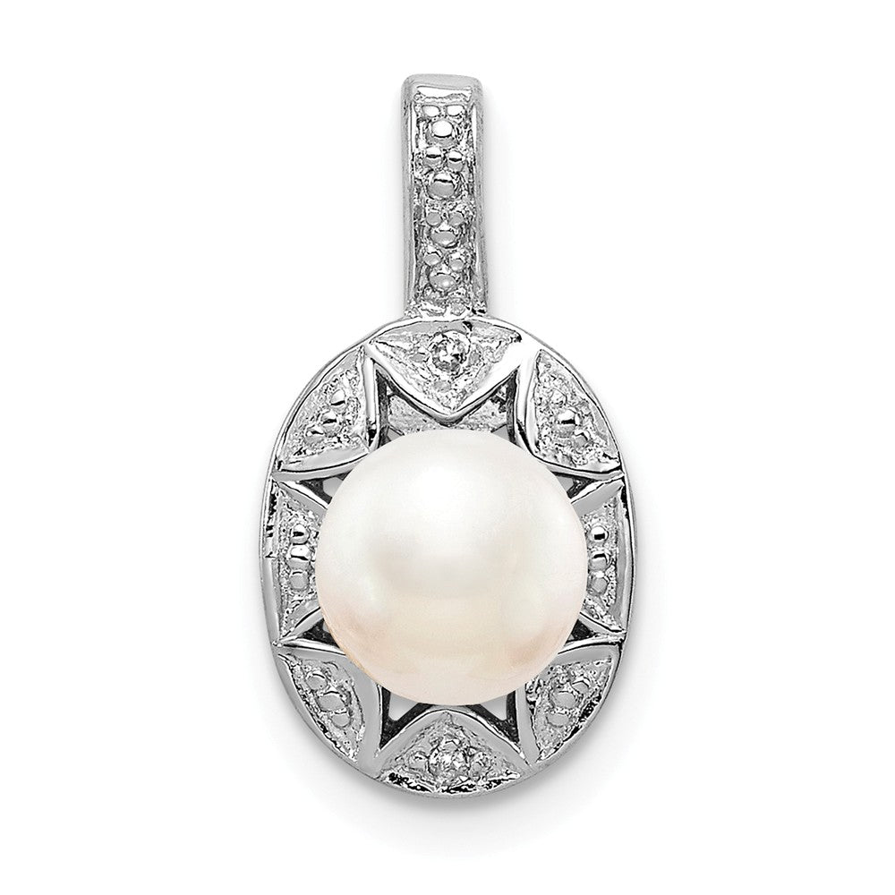 Rhodium Plated Sterling Silver, FWC Pearl &amp; Diamond Pendant, 8x16mm, Item P27486-FP by The Black Bow Jewelry Co.