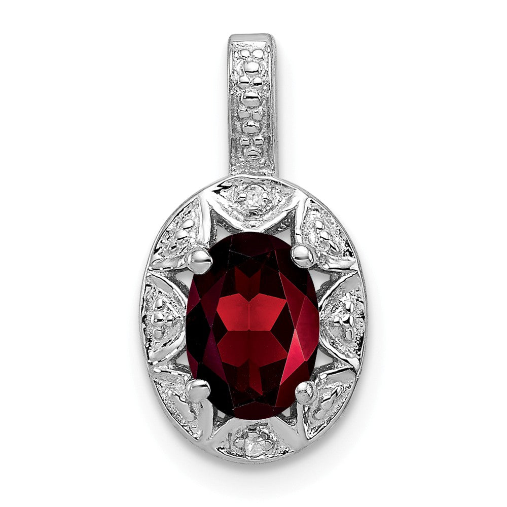 Rhodium Plated Sterling Silver, Garnet &amp; Diamond Pendant, 8x16mm, Item P27486-GR by The Black Bow Jewelry Co.