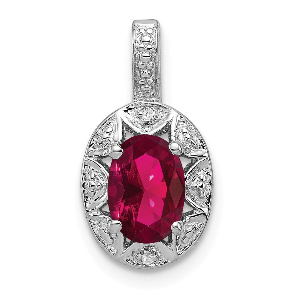 Rhodium Plated Sterling Silver, Lab Cr Ruby &amp; Diamond Pendant, Item P27486-LR by The Black Bow Jewelry Co.