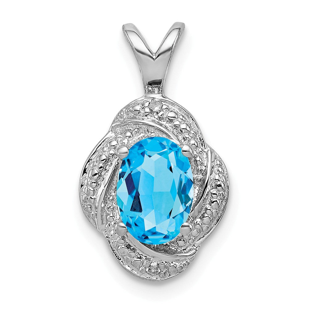 Rhodium Plated Sterling Silver, Diamond &amp; Blue Topaz Pendant, 10x16mm, Item P27487-BT by The Black Bow Jewelry Co.