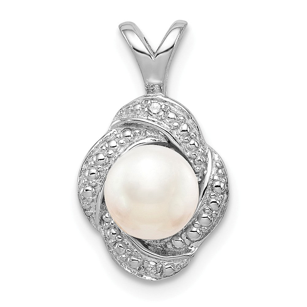 Rhodium Plated Sterling Silver, Diamond &amp; FWC Pearl Pendant, 10x16mm, Item P27487-FP by The Black Bow Jewelry Co.