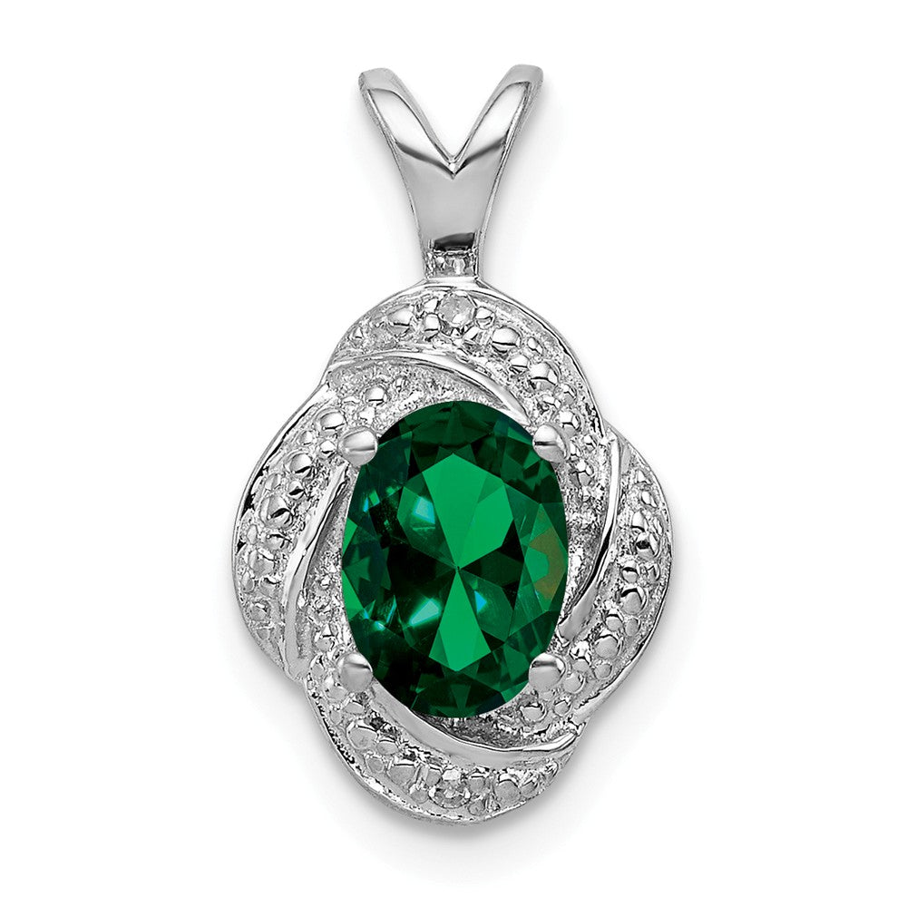 Rhodium Plated Sterling Silver, Diamond &amp; Lab Cr Emerald Pendant, Item P27487-LE by The Black Bow Jewelry Co.