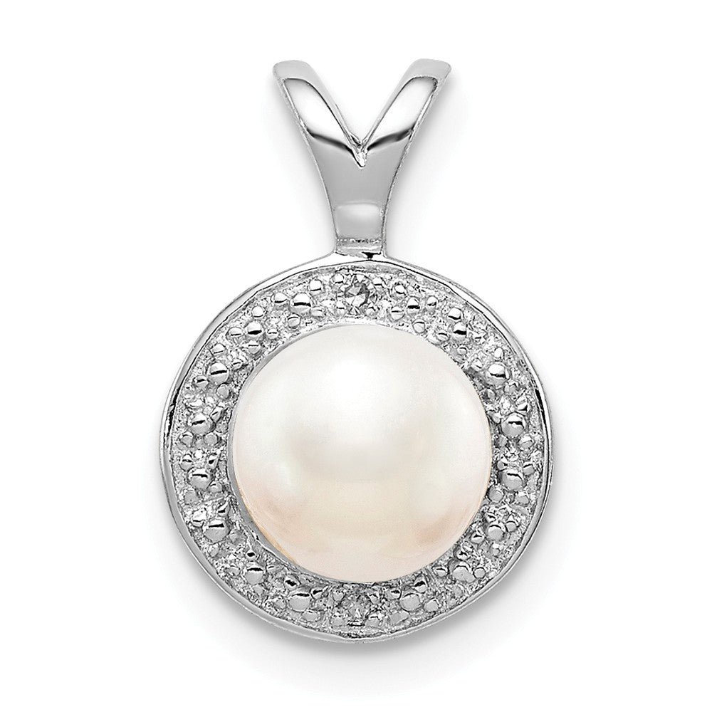 Rhodium Plated Sterling Silver, Diamond &amp; FWC Pearl Pendant, 10mm, Item P27488-FP by The Black Bow Jewelry Co.