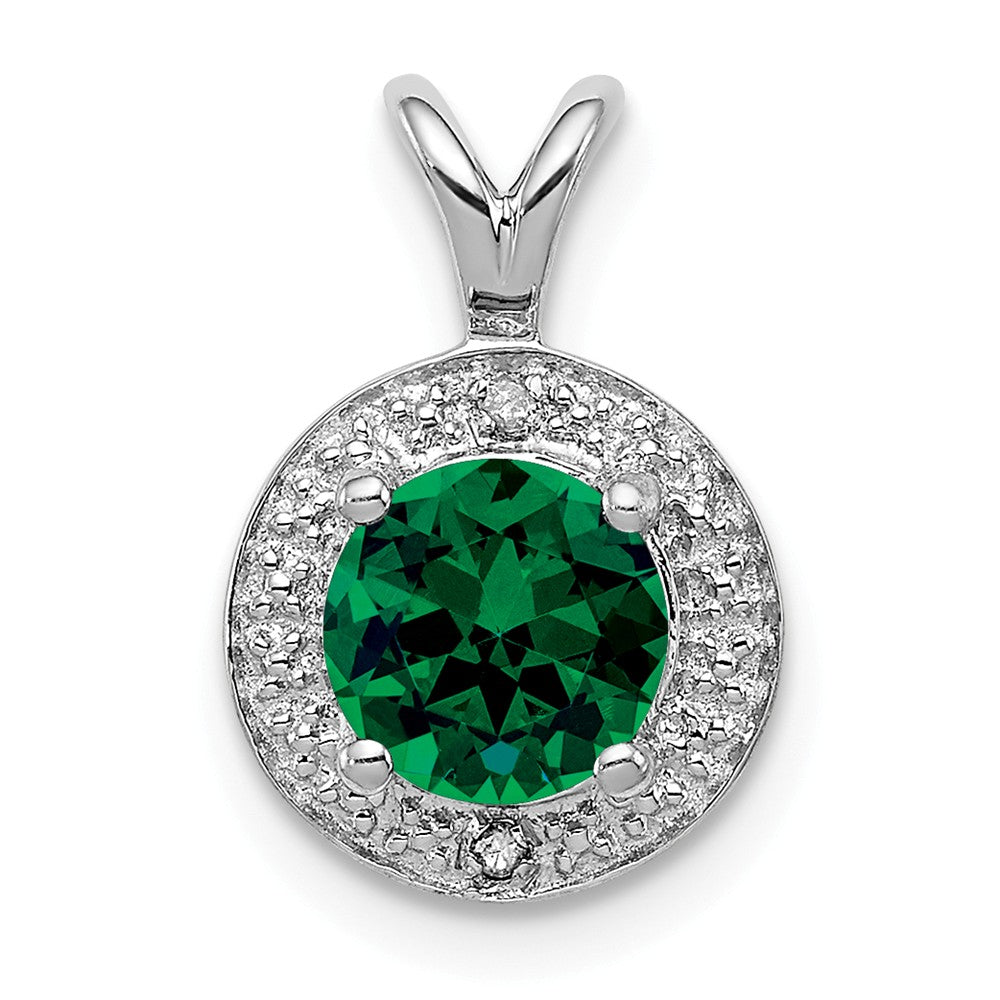 Rhodium Plated Sterling Silver, Diamond, Lab Cr Emerald Pendant, Item P27488-LE by The Black Bow Jewelry Co.