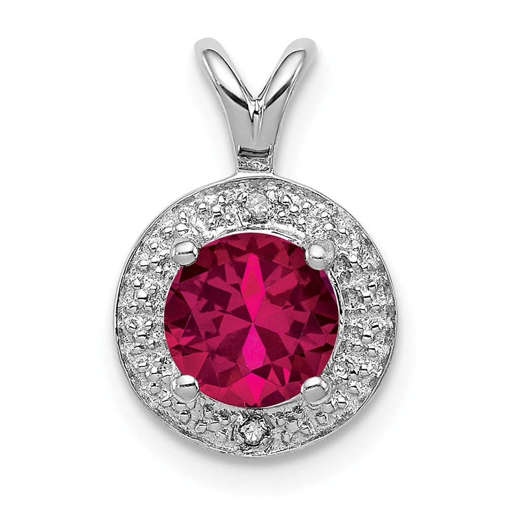 Rhodium Plated Sterling Silver, Diamond, Lab Cr Ruby Pendant 10mm, Item P27488-LR by The Black Bow Jewelry Co.