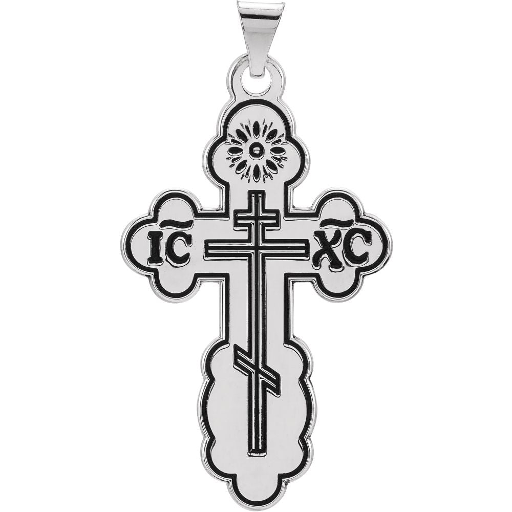14k White Gold &amp; Black Enamel Eastern Orthodox Cross Pendant, 21x35mm, Item P27502-LG by The Black Bow Jewelry Co.