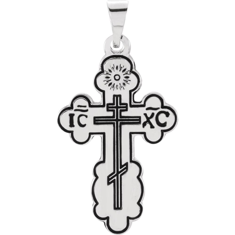 14k White Gold &amp; Black Enamel Eastern Orthodox Cross Pendant, 17x29mm, Item P27502-MD by The Black Bow Jewelry Co.