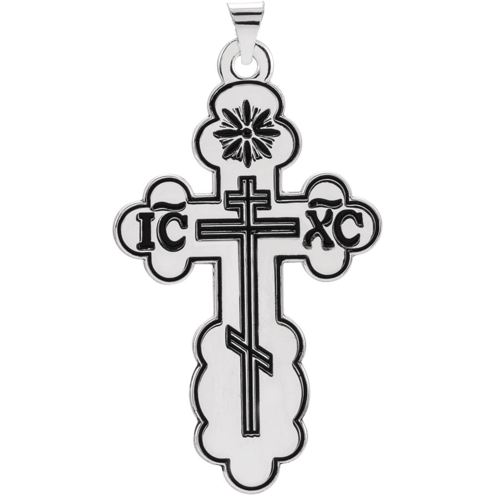 14k White Gold &amp; Black Enamel Eastern Orthodox Cross Pendant, 26x43mm, Item P27502-XL by The Black Bow Jewelry Co.