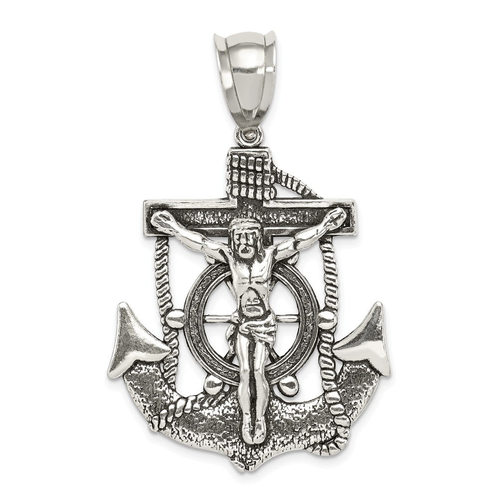 Sterling Silver 2D Antiqued Mariner Crucifix Cross Pendant, 29 x 45mm, Item P27588-AF by The Black Bow Jewelry Co.