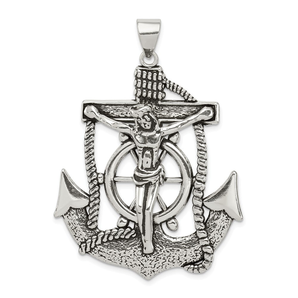 Sterling Silver Large 2D Antiqued Mariner Crucifix Pendant, 36 x 51mm, Item P27589-AF by The Black Bow Jewelry Co.