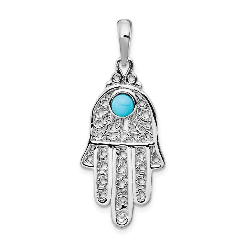 14k White or Yellow Gold Synthetic Turquoise Filigree Hamsa Pendant, Item P27596 by The Black Bow Jewelry Co.