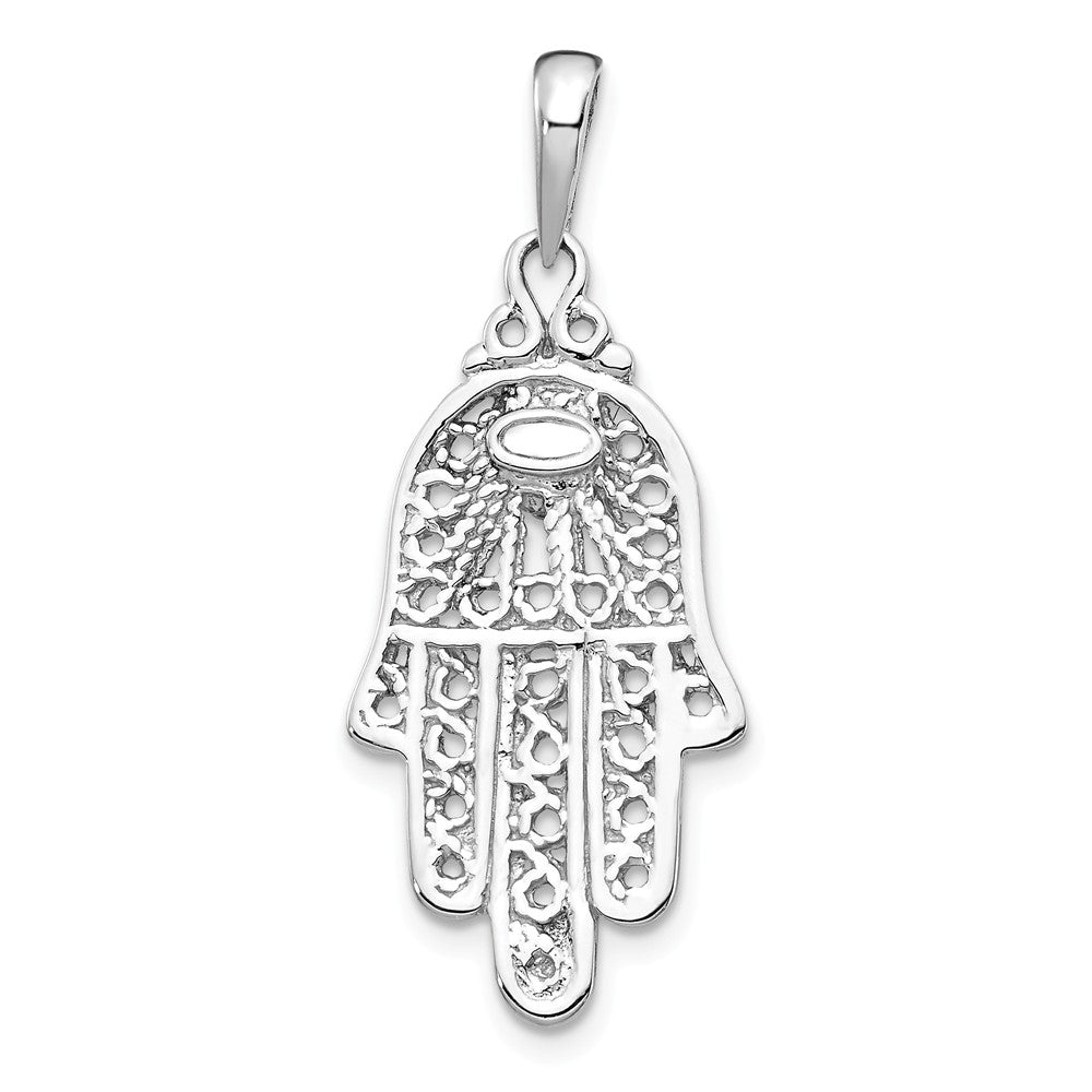 Alternate view of the 14k White Gold Synthetic Turquoise Filigree Hamsa Pendant, 15 x 35mm by The Black Bow Jewelry Co.