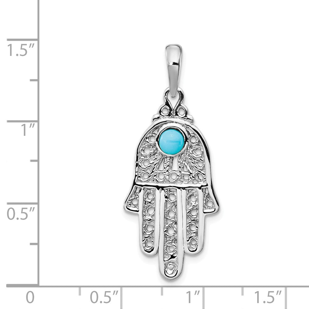 Alternate view of the 14k White Gold Synthetic Turquoise Filigree Hamsa Pendant, 15 x 35mm by The Black Bow Jewelry Co.