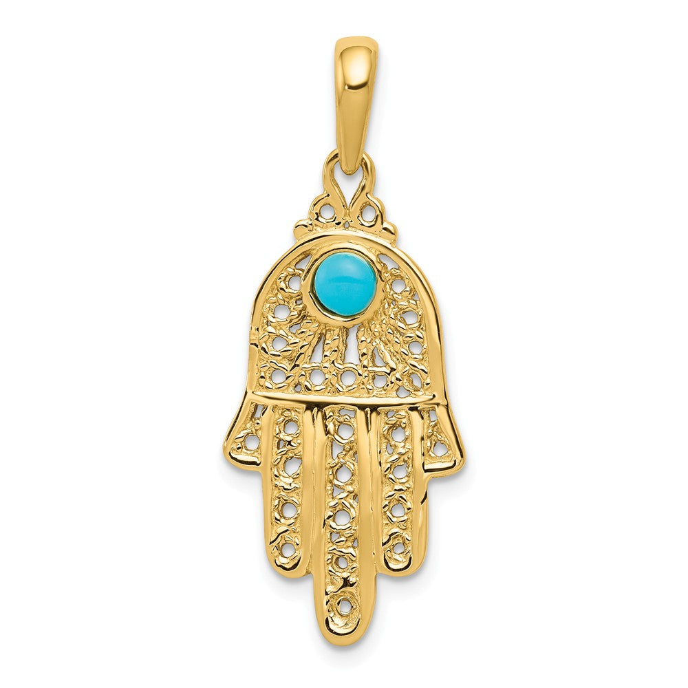 Alternate view of the 14k White or Yellow Gold Synthetic Turquoise Filigree Hamsa Pendant by The Black Bow Jewelry Co.