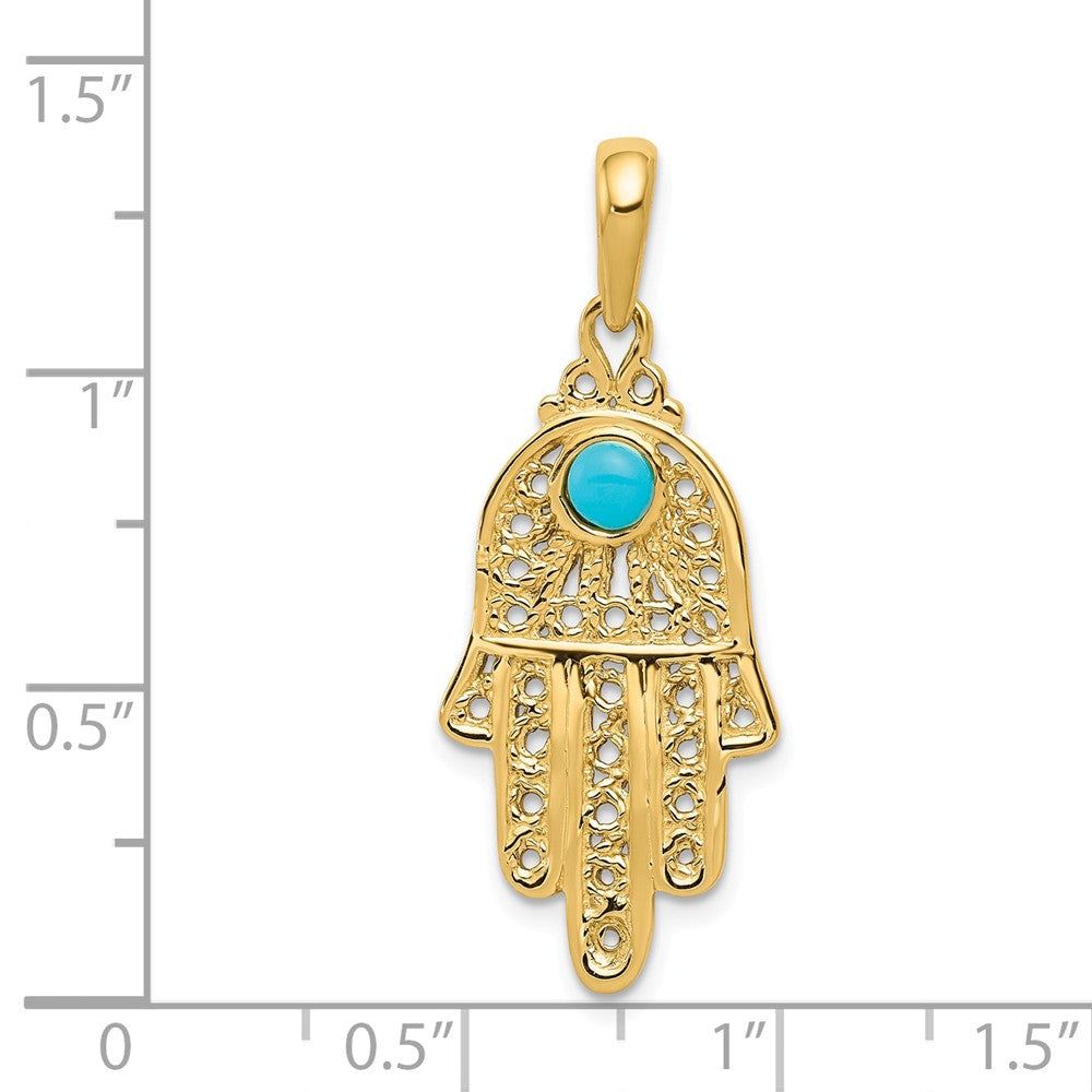 Alternate view of the 14k Yellow Gold Synthetic Turquoise Filigree Hamsa Pendant, 15 x 35mm by The Black Bow Jewelry Co.