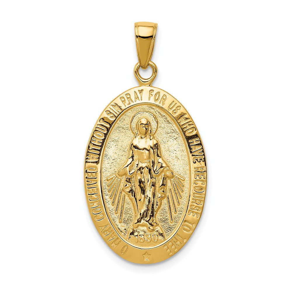 14k Yellow Gold, Solid Oval Miraculous Medal Pendant - Black Bow