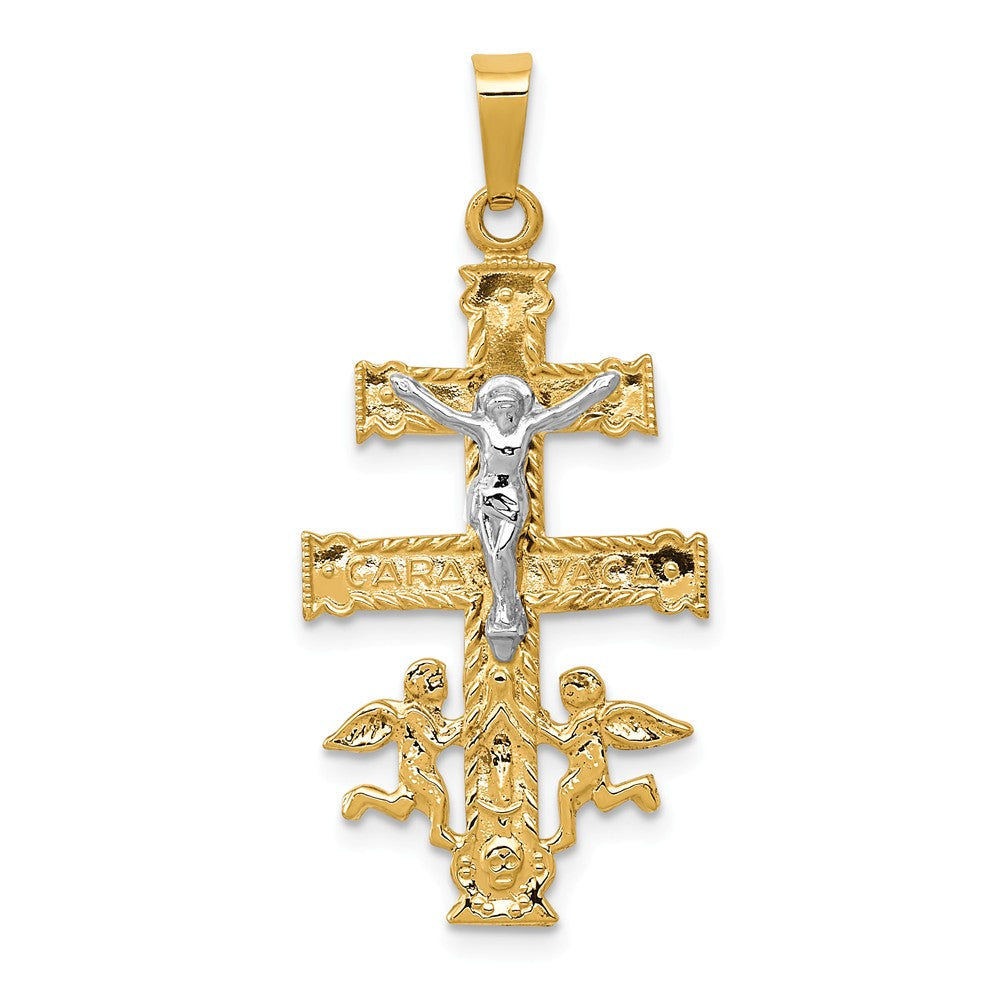 14k Two Tone Gold Caravaca Crucifix Cross Pendant - Black Bow