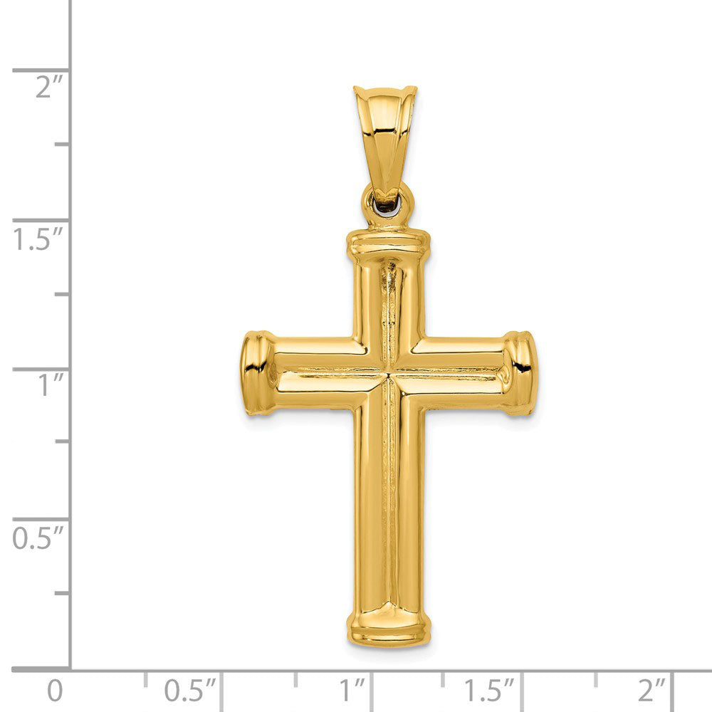 Men's 14k Yellow Gold Hollow 3D Grooved Cross Pendant - Black Bow