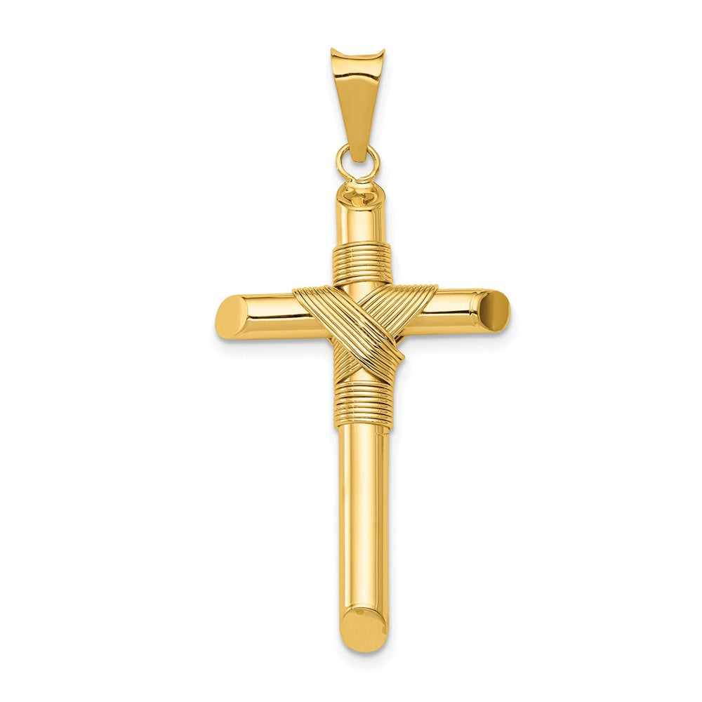 Men's 14k Yellow Gold Hollow Tube Rope Cross Pendant - Black Bow