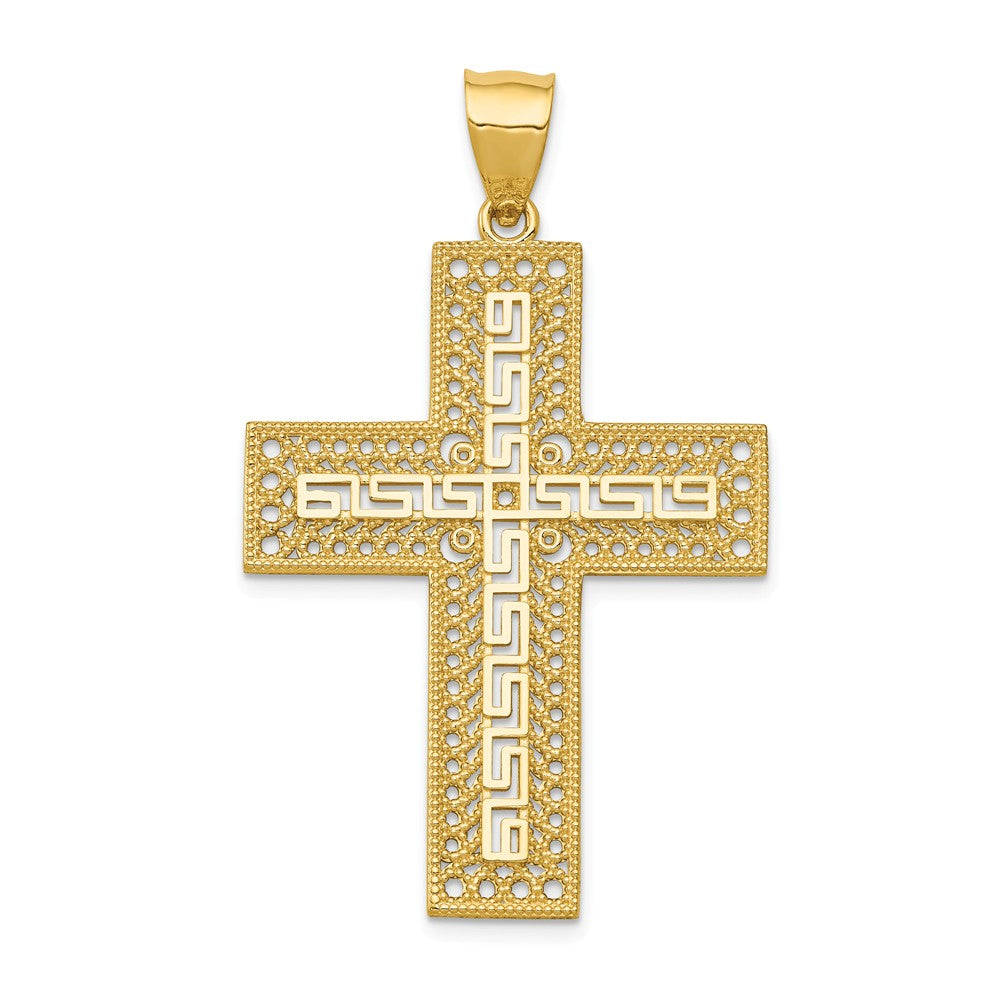 14k Yellow Gold Greek Key Filigree Cross Pendant, Item P27656 by The Black Bow Jewelry Co.
