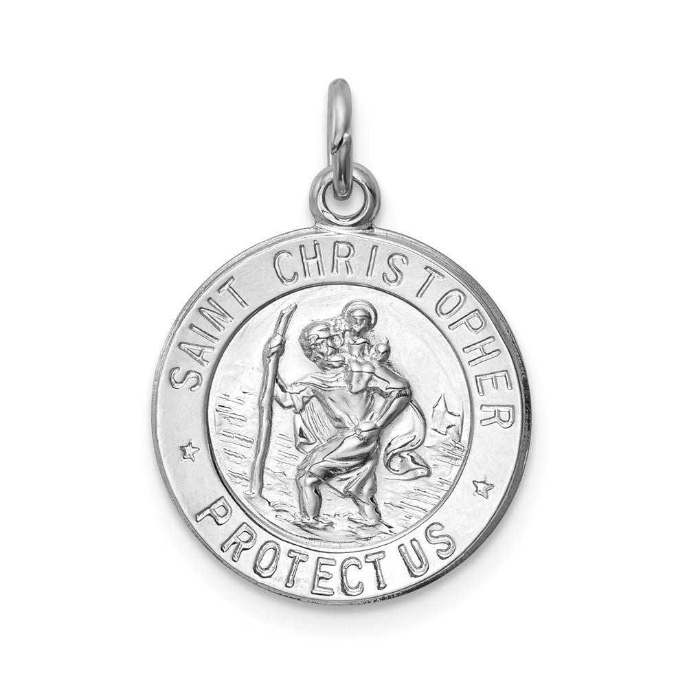 Sterling Silver Rhodium-Plated Round Saint Christopher Medal, 15mm, Item P27696-15 by The Black Bow Jewelry Co.