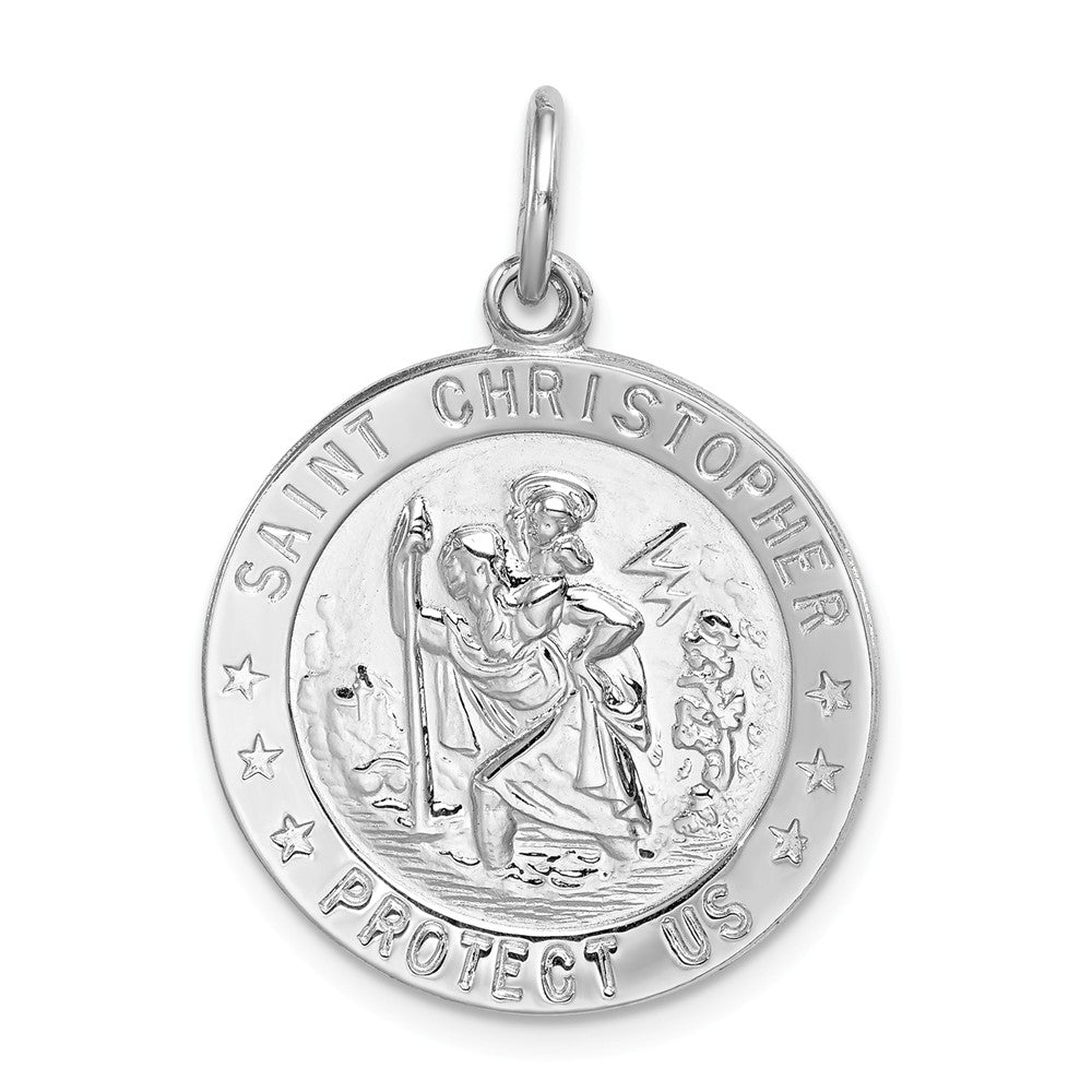 Sterling Silver Rhodium-Plated Round Saint Christopher Medal Pendant, Item P27696 by The Black Bow Jewelry Co.